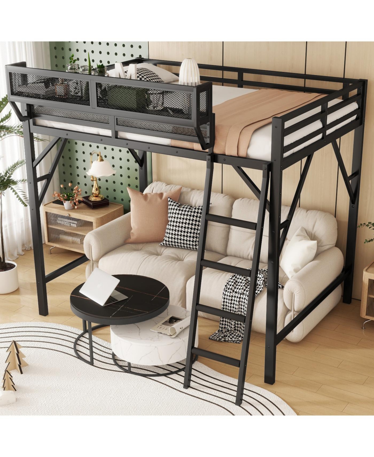 Streamdale Queen Size Metal Loft Bed with Ladder & Shelves - Black