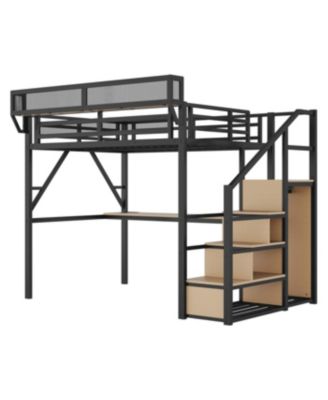Full Loft Bed with Desk, Charging Station & Stairs - Black