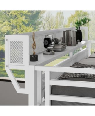 Twin XL Loft Bed with Stairs, Storage Shelves & Wardrobe - White