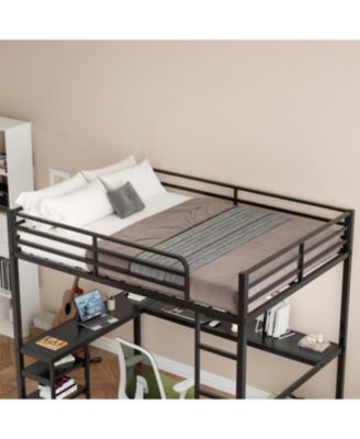 Full Size Loft Bed with Desk & Shelves, Heavy Duty Metal Frame, Black