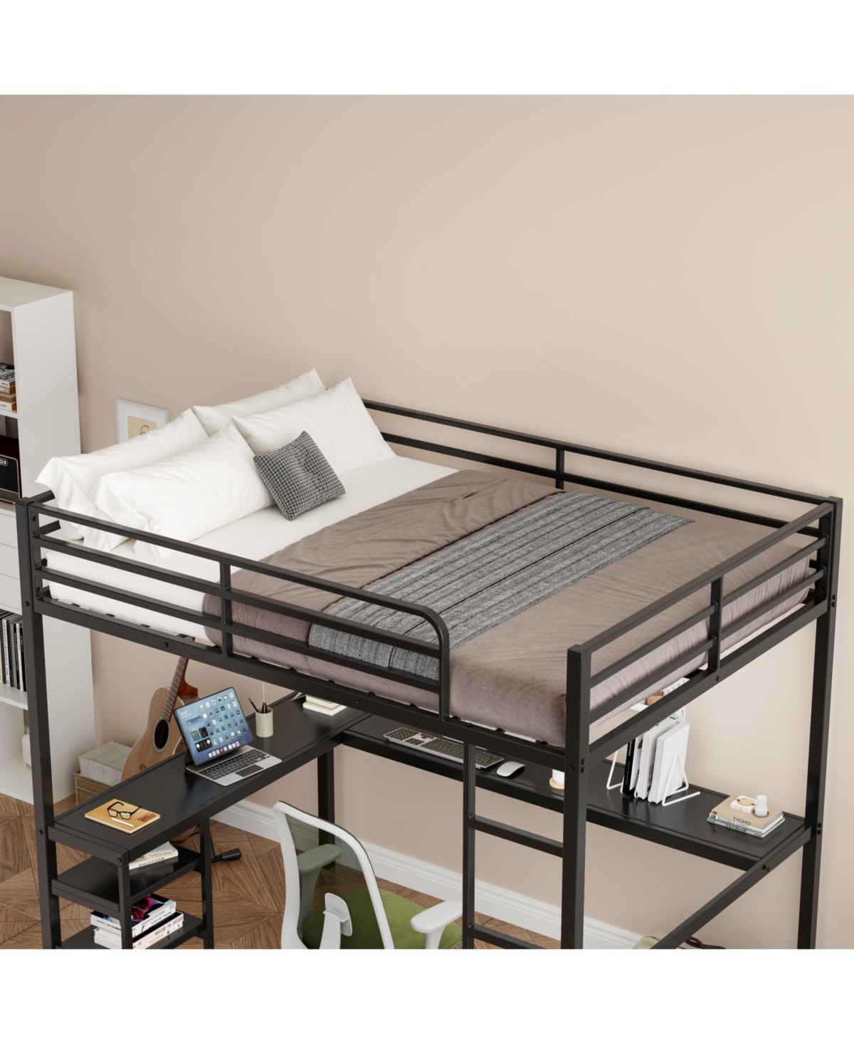 Streamdale Furniture Full Size Loft Bed with Desk & Shelves, Heavy Duty Metal Frame, Black