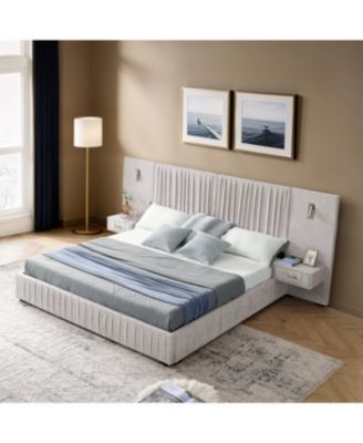 Streamdale Queen Size Chenille Upholstered Bed Frame with Pleated Design - Beige