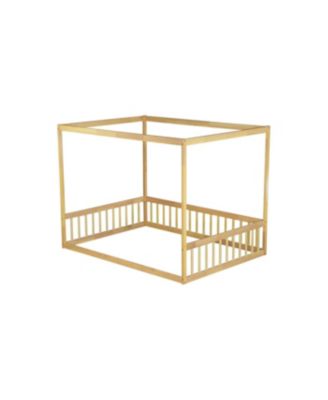 Full Size Canopy Frame Rubber Wood Floor Bed with Fence, Guardrails