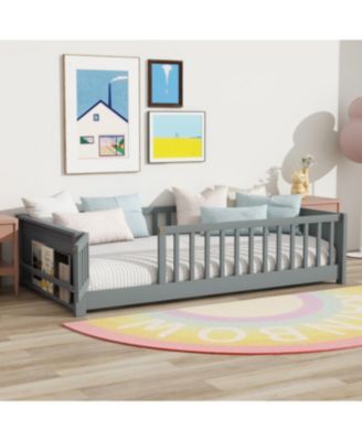 Twin Size Floor Bed with Built-in Book Rack and Door, Grey