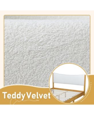 Queen Size Solid Rubber Wood Bed with Boucle Headboard, Beech White