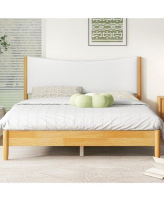 Queen Size Solid Rubber Wood Bed with Boucle Headboard, Beech White