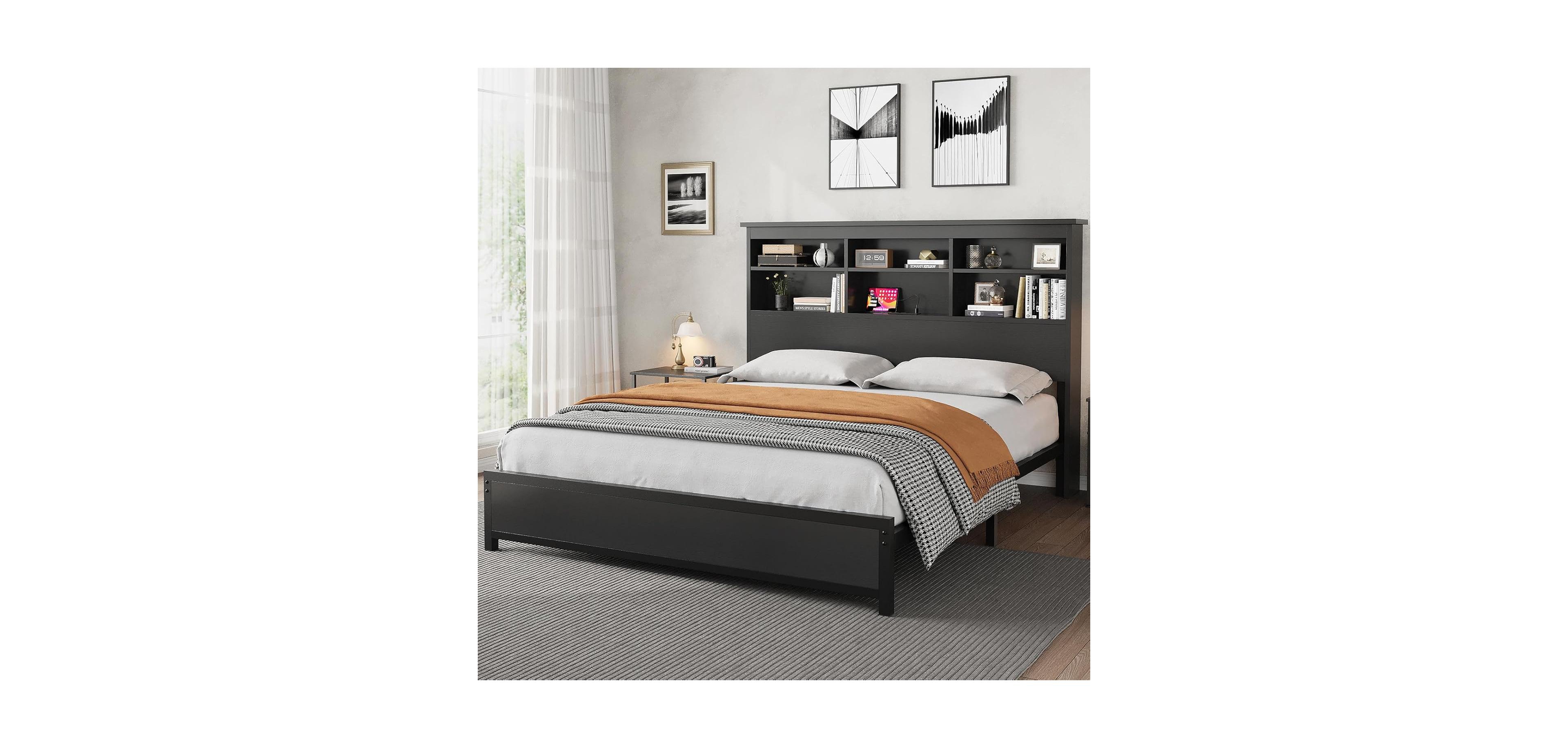 gaomon Full Size Bed Frame with Bookcase Headboard, 2-Tier Storage Platform Bed with Usb Charging Station