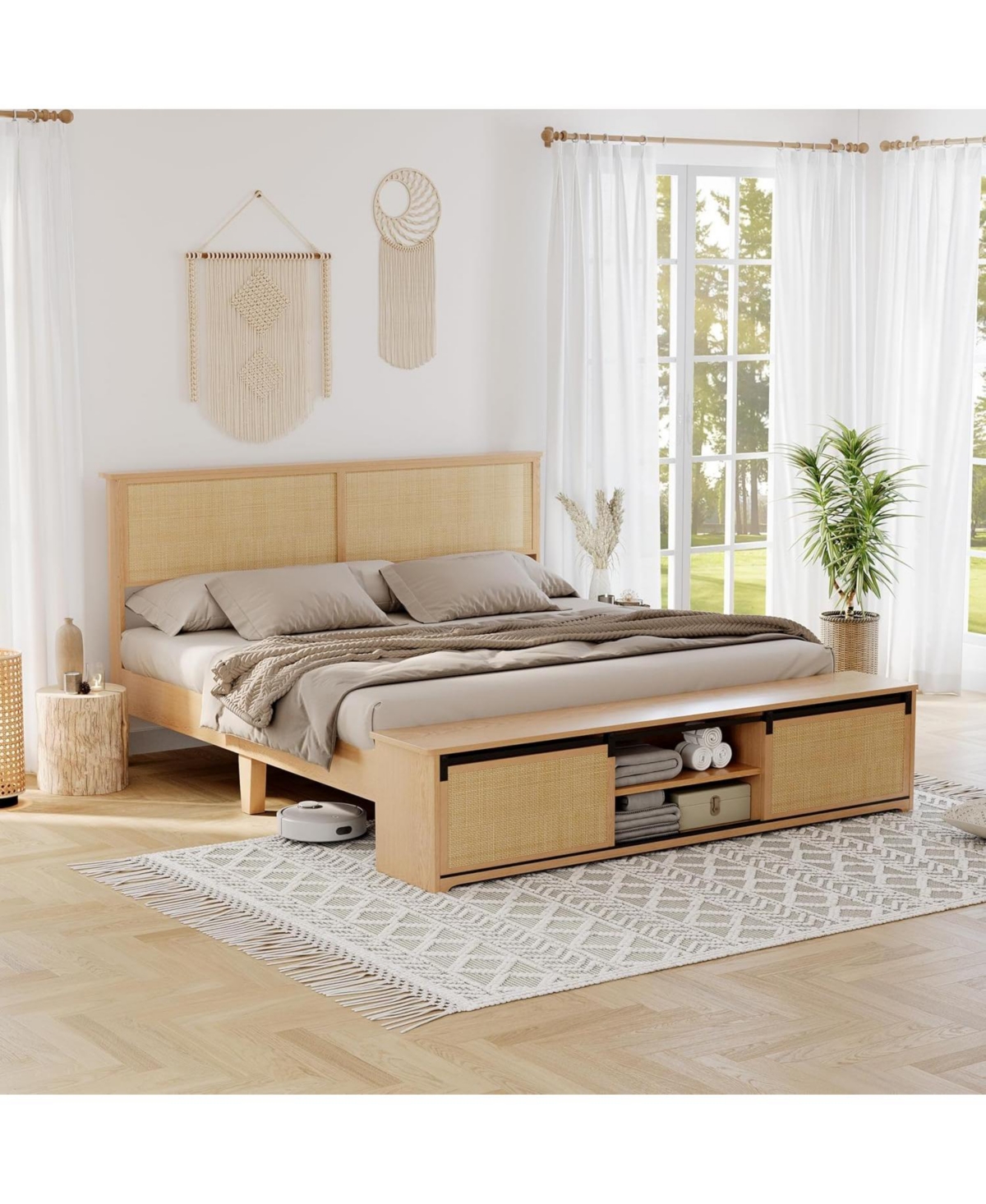 gaomon King Size Rattan Bed Frame with Sliding Barn Door Storage, Led Light Headboard, Boho Farmhouse Wood Platform Bed with Solid Wood Legs