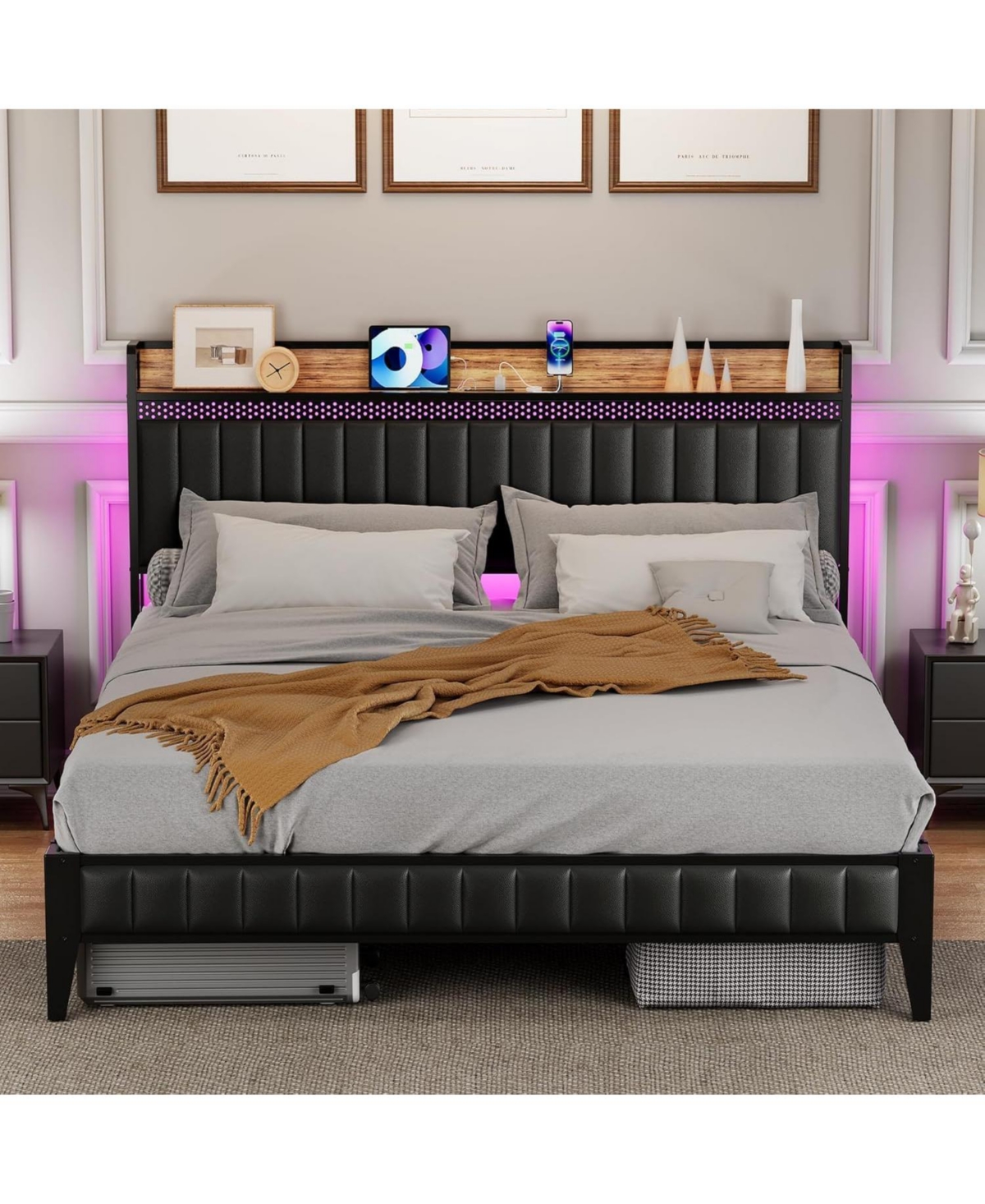 gaomon Bed Frame with Led Light and Charging Station, Upholstered Platform Bed with Storage Headboard, Metal Slat, Noise Free, Easy Assembly