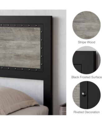 Bed Frame with Four Storage Drawers and Charging Station, Riveted Headboard Platform Bed with Metal Slat Frame, No Box Spring Required