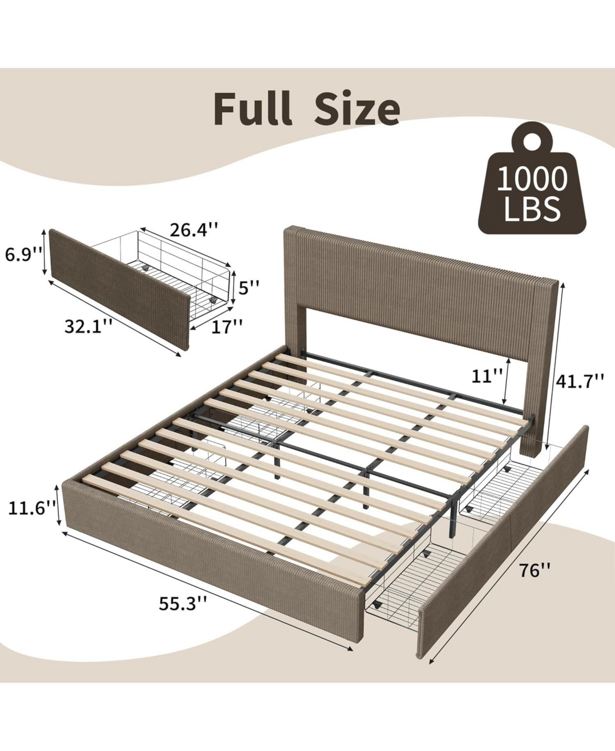 Gaomon Bed Frame with 4 Storage Drawers, Platform Upholstered Channel Tufted Wingback Headboard