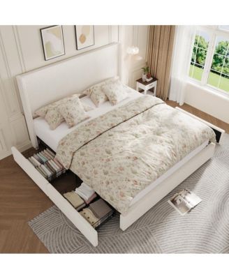Rattan Platform Bed Frame with Boho Headboard, LED Lights, Solid Wood Foundation, No Box Spring Needed