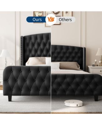 Bed Frame with Deep Button Tufted Wingback Headboard and Footboard, Velvet Upholstered Platform Frame, No Box Spring, Easy Assembly