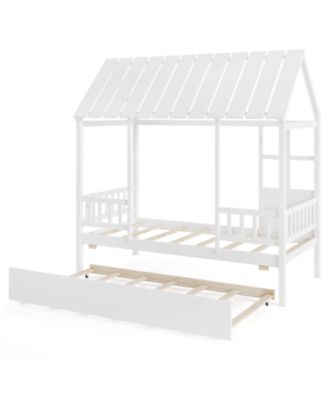 Twin Size House Bed w/ Trundle Roof Window & Safety Guardrails Slats Support