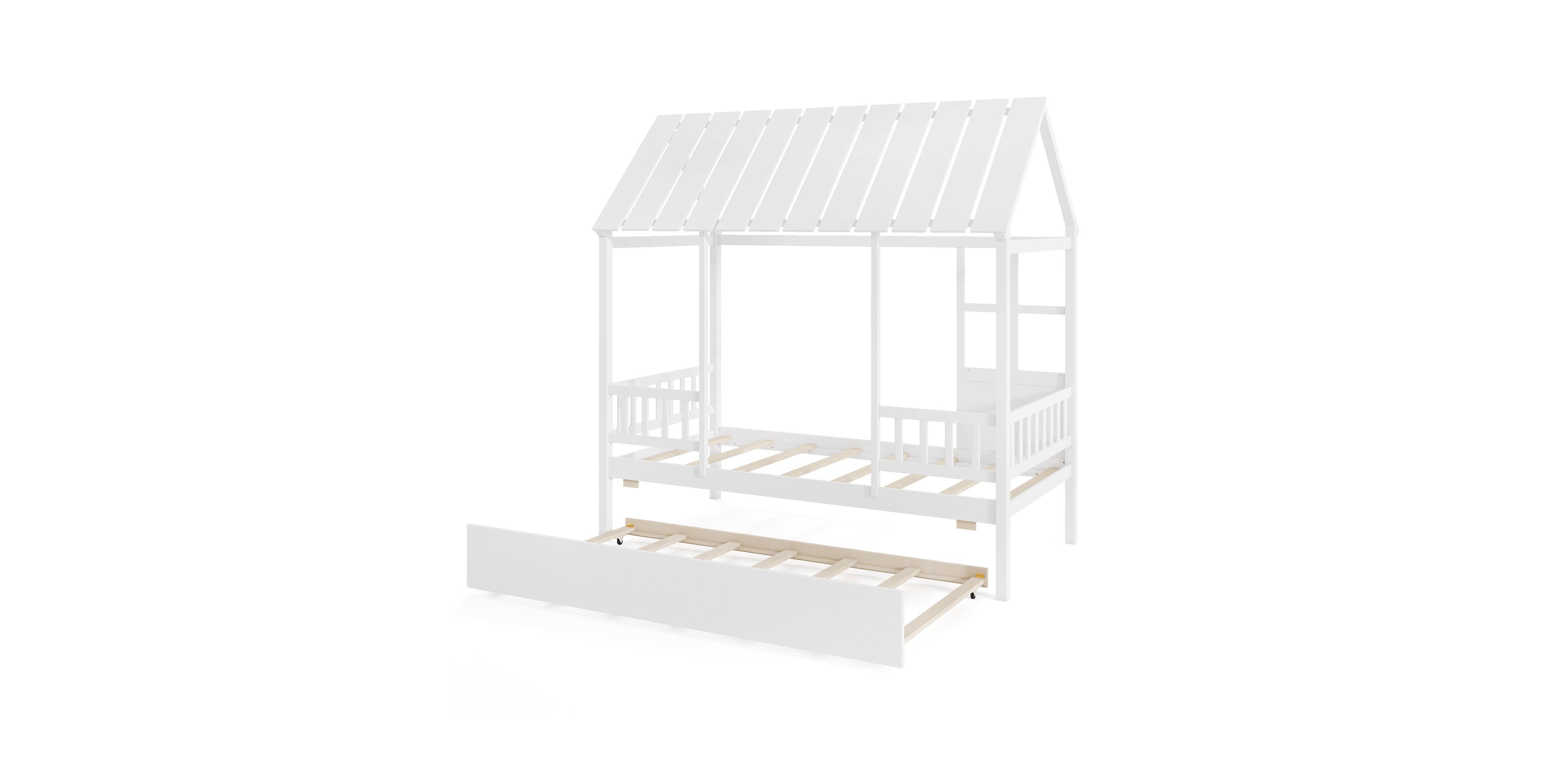 Gymax Twin Size House Bed w/ Trundle Roof Window & Safety Guardrails Slats Support