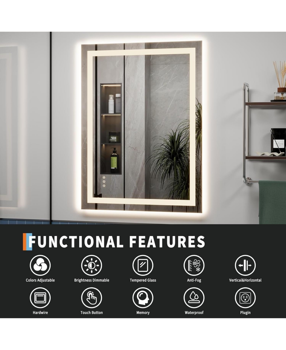 gaomon 40x32 Led Lighted Anti-Fog Dimmable Bathroom Vanity Mirror with Front & Backlit for Wall