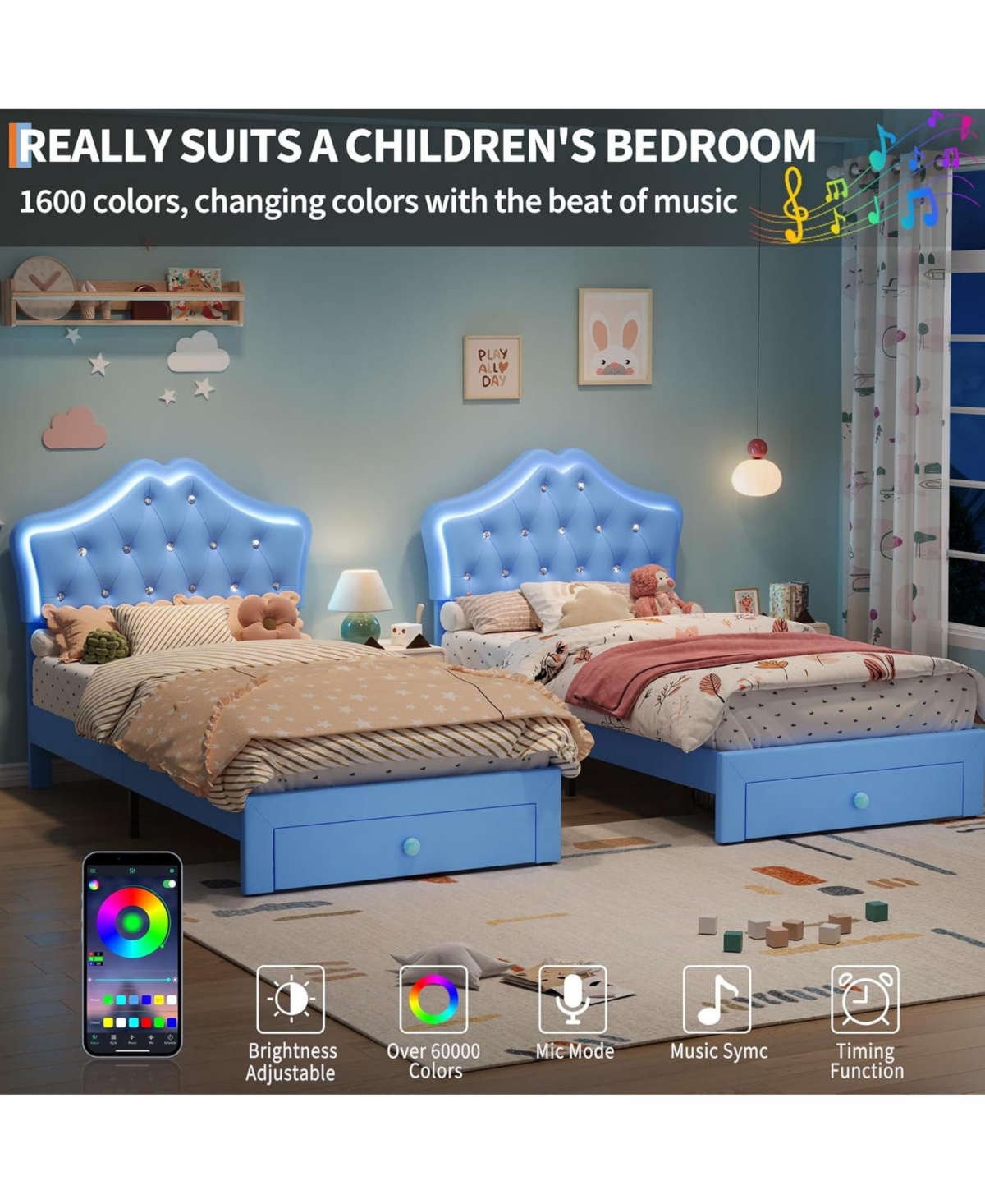 gaomon Twin Bed Frame with Led Lights, Velvet Crystal Headboard, Upholstered Kids Platform Drawer
