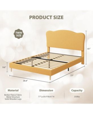 Twin Kids Velvet Bed Frame with Scallop Headboard, Sturdy Upholstered Platform Bed with Wood Slats - Full