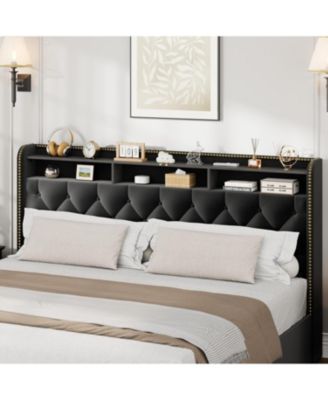 Velvet King Size Bed Frame with 4 Storage Drawers, Tufted Headboard, Nailhead Trim – Platform Bed