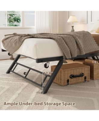Twin Size Pop Up Trundle Bed Frame, Foldable Metal Platform, Lockable Casters, Black