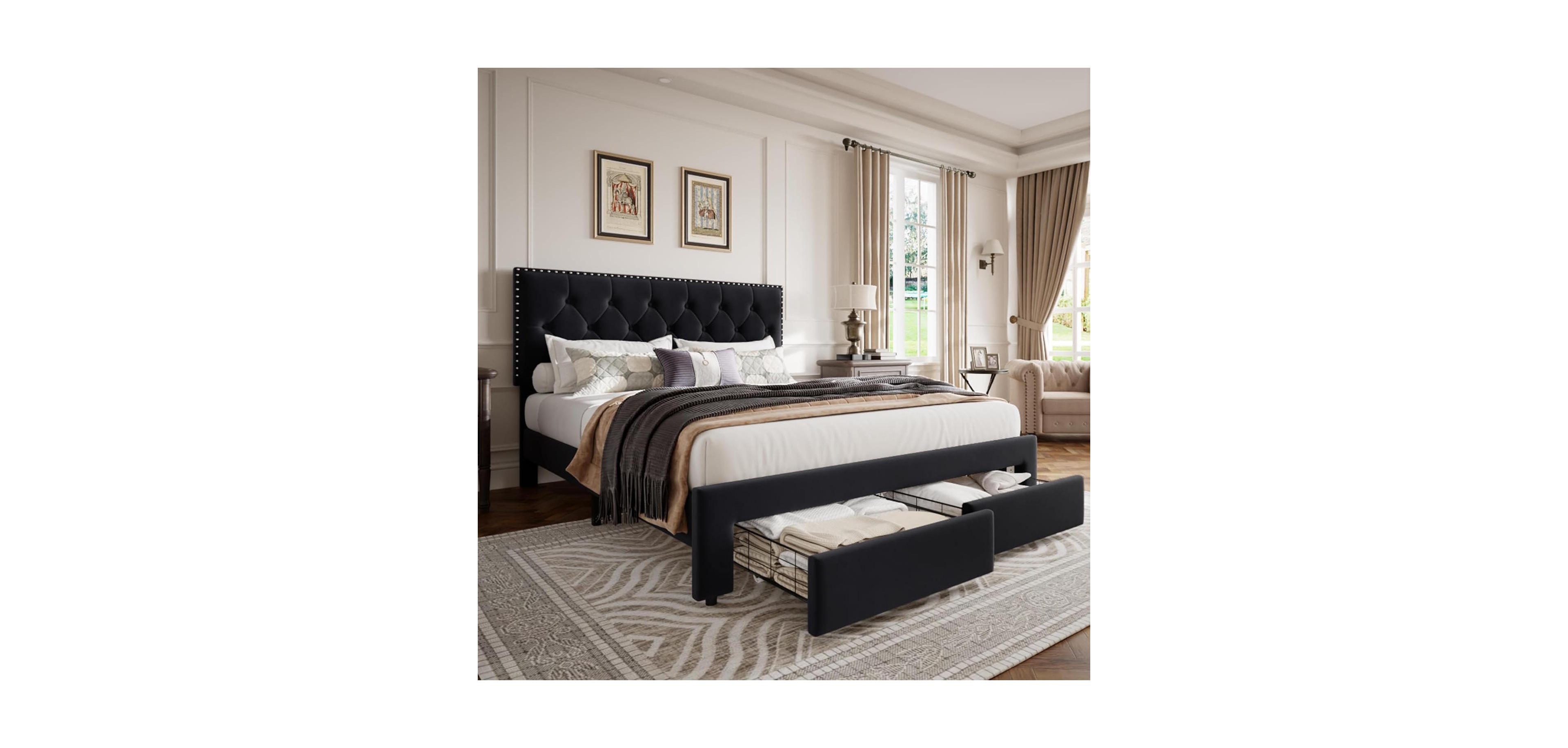 gaomon Queen Size Bed Frame with 2 Storage Drawers, Vintage Velvet Upholstered, Wingback Headboard, Black