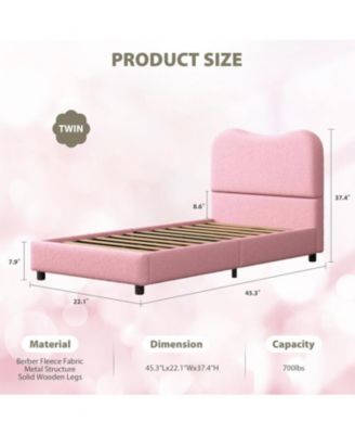 Twin Size Pink Velvet Upholstered Kids Bed Frame with Headboard, Low Profile, Cozy, Sturdy Wood Slats, Easy Assembly
