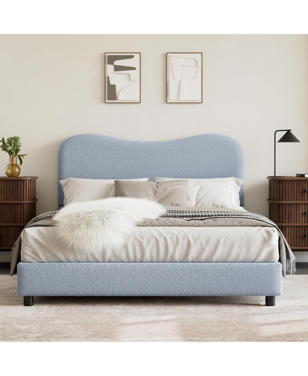 gaomon Full Size Blue Boucle Bed Frame with Upholstered Headboard, Low Profile, Heavy Duty Wooden Slats, No Box Spring Needed