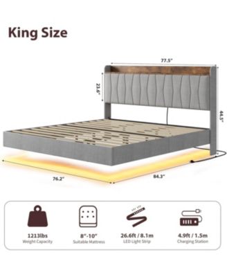 King Size LED Lights, Charging Station, Storage Headboard, No Box Spring Needed, Grey Floating Bed Frame