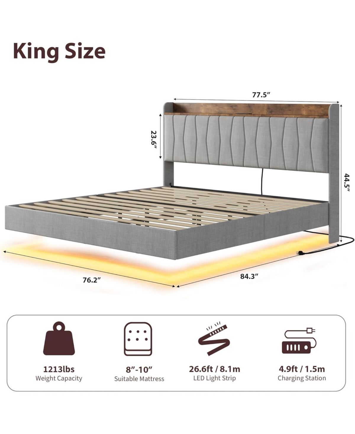 gaomon King Size Led Lights, Charging Station, Storage Headboard, No Box Spring Needed, Grey Floating Bed Frame