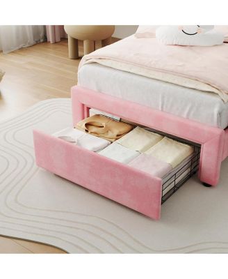 Twin Kids Upholstered Platform Bed Frame with Adjustable Headboard, Drawer, LED Light, Wood Slats, No Box Spring, Pink
