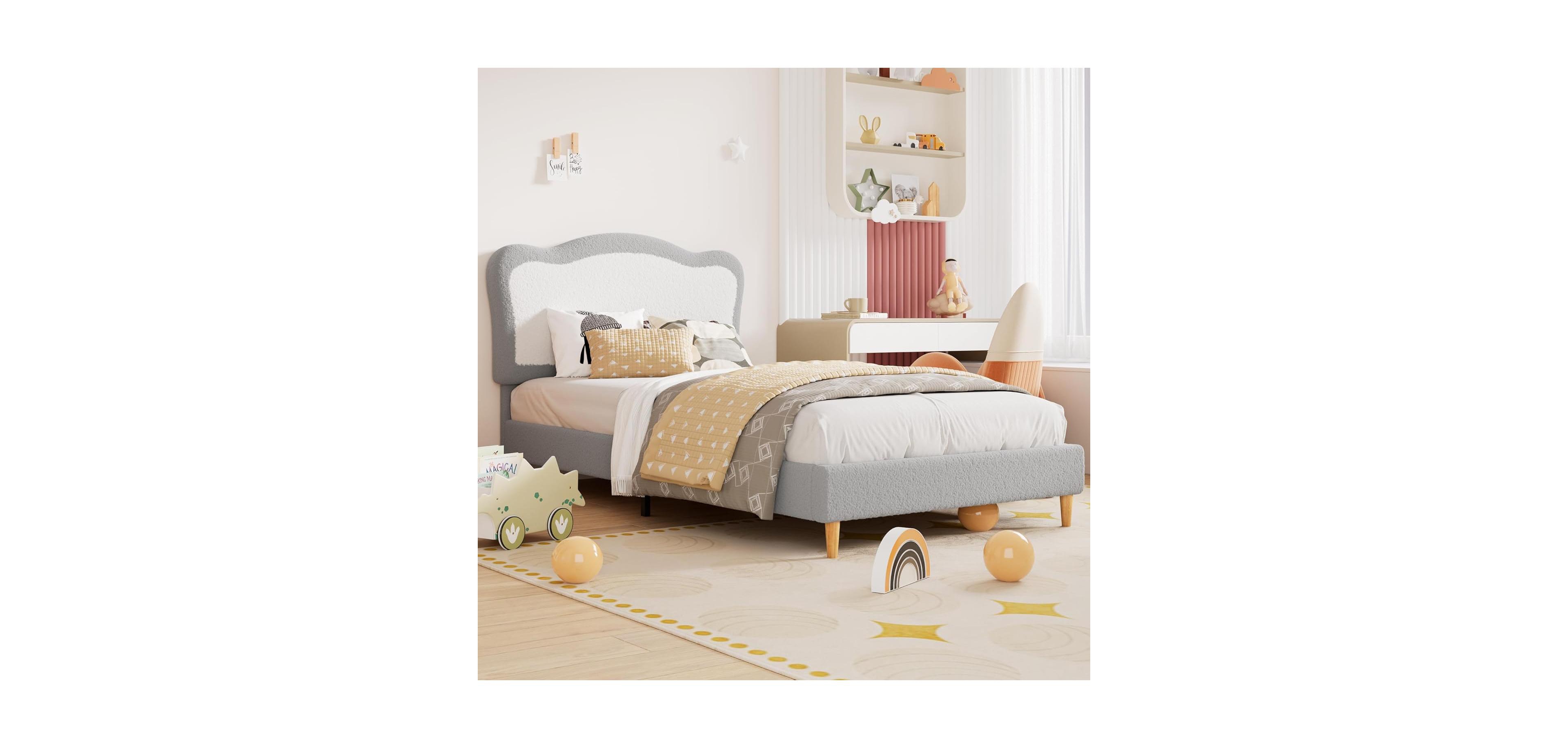 gaomon Twin Size Kids Upholstered Bed Frame with Scallop Velvet Headboard, Sturdy Slats, Noise-Free, Grey & White