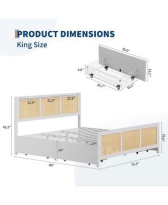King Size Rattan Accent Storage Bed with 4 Drawers, Woven Front, LED Lights, White MDF Frame