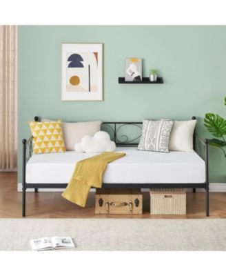 Twin Daybed with Trundle Metal Bed Floral Headboard Steel Slats Pull-Out Sofa White