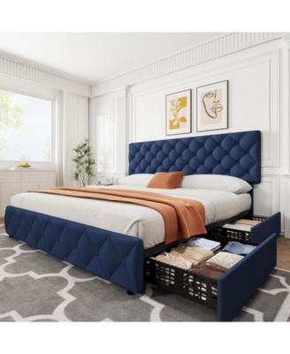 King Size Platform Bed Frame Adjustable Headboard 4 Drawers Modern Grey Upholstered with Footboard Wood Slats