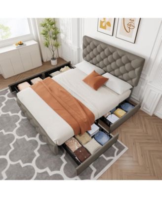 Queen Size Platform Bed Frame Adjustable Headboard 4 Drawers Modern Upholstered with Footboard Wood Slats