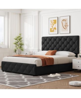Queen Size Platform Bed Frame Adjustable Headboard 4 Drawers Modern Grey Upholstered with Footboard Wood Slats