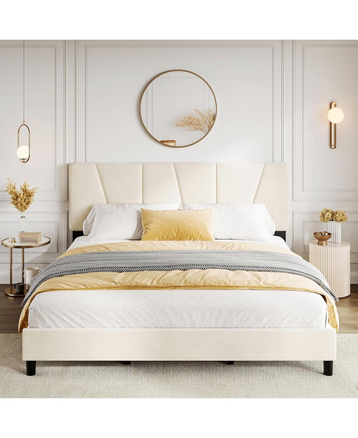 King Bed Frame with Adjustable Linen Upholstered Diagonal Channel Tufted Headboard Wooden Slats Box Spring Optional Beige