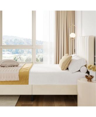 Full Velvet Upholstered Bed Frame with Adjustable Headboard Sturdy Metal Slats No Box Spring Noise Free Easy Assembly Beige