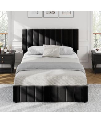 Full Linen Upholstered Platform Bed Frame 4 Storage Drawers Adjustable Headboard Wooden Slats Black