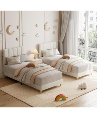 Twin XL Bed Frame Boucle Upholstered Wave Headboard Low Profile Kids Girls Boys Wooden Slats No Box Spring Beige