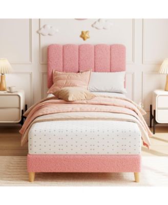 Twin XL Bed Frame Boucle Upholstered Wave Headboard Kids Girls Wooden Slats No Box Spring Light Pink