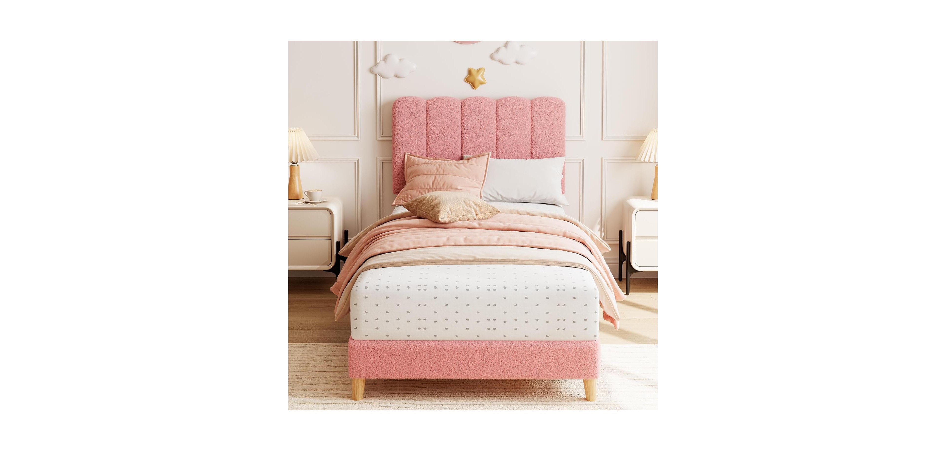 gaomon Twin Xl Bed Frame Boucle Upholstered Wave Headboard Kids Girls Wooden Slats No Box Spring Light Pink