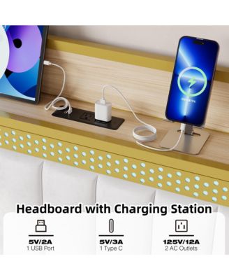 King Bed Frame with Storage Headboard LED Platform Bed Charging Station Easy Assembly White