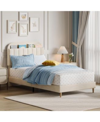 Velvet Upholstered Twin Bed Frame with Storage Headboard, Wooden Slats, Noise Free – Platform Bed for Kids Girls
