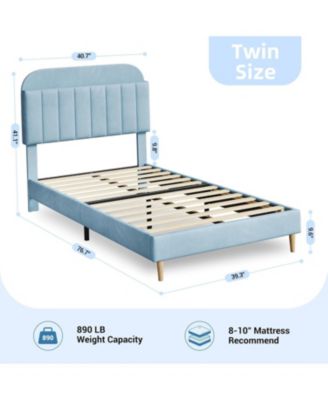 Twin Bed Frame with Storage Headboard Velvet Upholstered Platform for Boys Wooden Slats Noise Free Easy Assembly No Box Spring