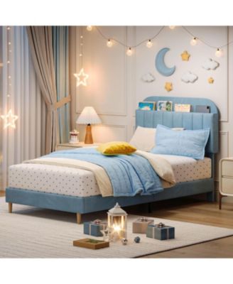 Twin Bed Frame with Storage Headboard Velvet Upholstered Platform for Girls Wooden Slats Noise Free Easy Assembly