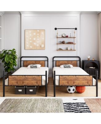 Twin Over Twin Heavy Duty Metal Convertible with Guardrail and Ladders, No Box Spring Needed, Bunk Bed