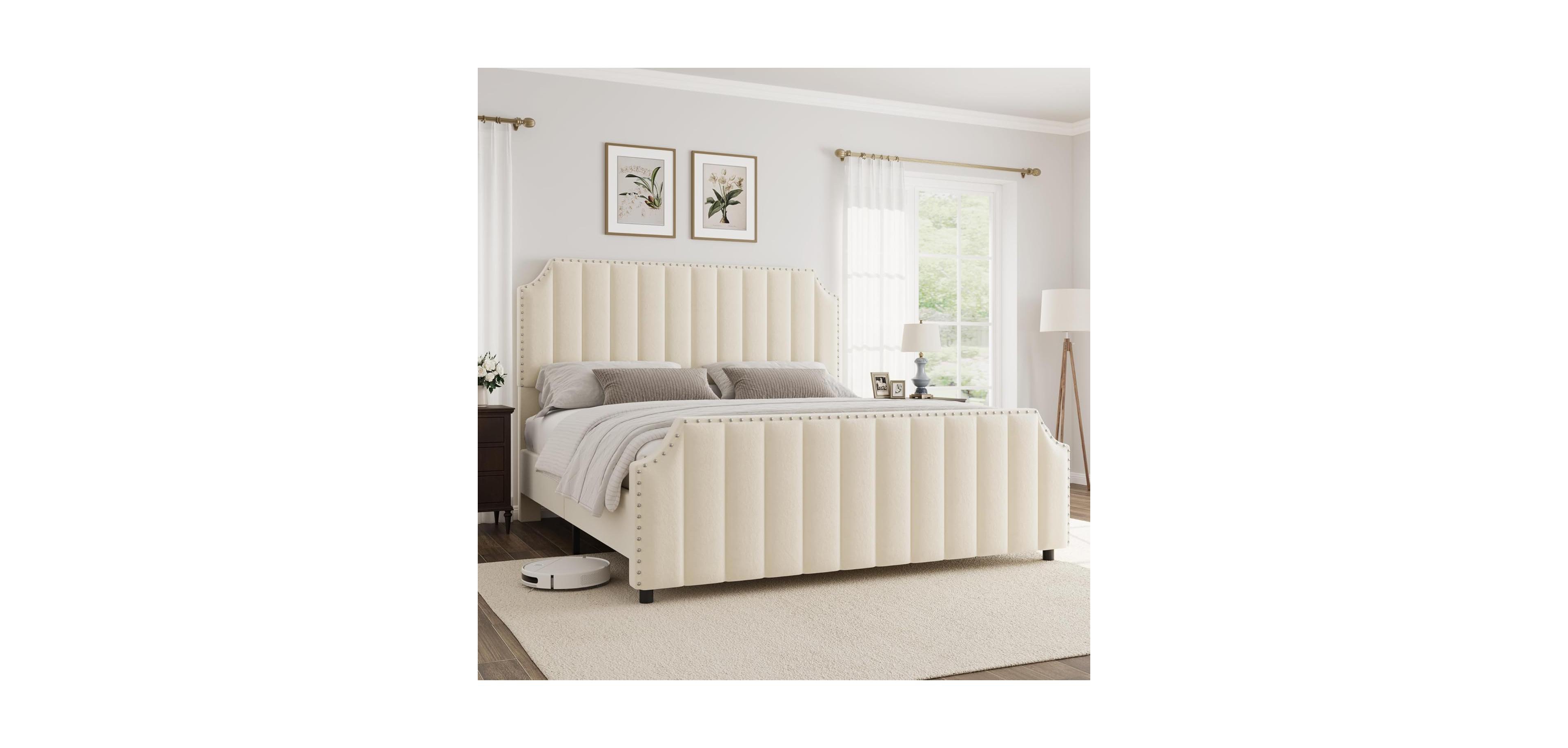 gaomon Queen Size Platform Bed Frame 50.2in Velvet Channel Tufted Headboard Footboard Nailhead Trim No Box Spring Cream