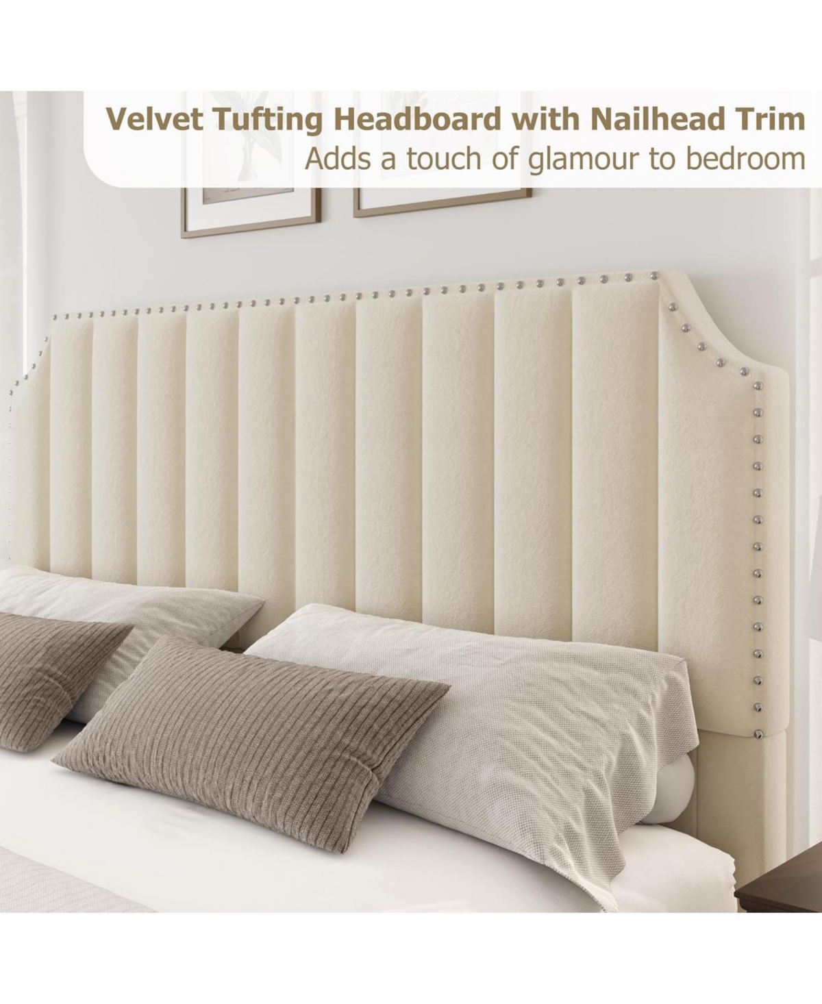 gaomon King Size Platform Bed Frame 50.2in Headboard Velvet Channel Tufted Footboard Nailhead Trim No Box Spring Cream