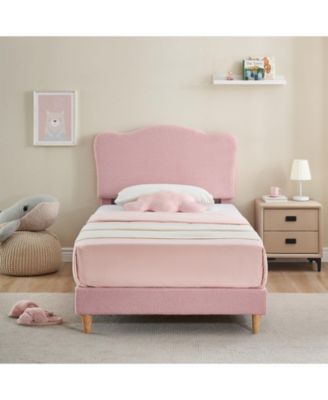Twin Bed Frame Upholstered Platform Adjustable Headboard Wooden Slats No Box Spring Needed Pink
